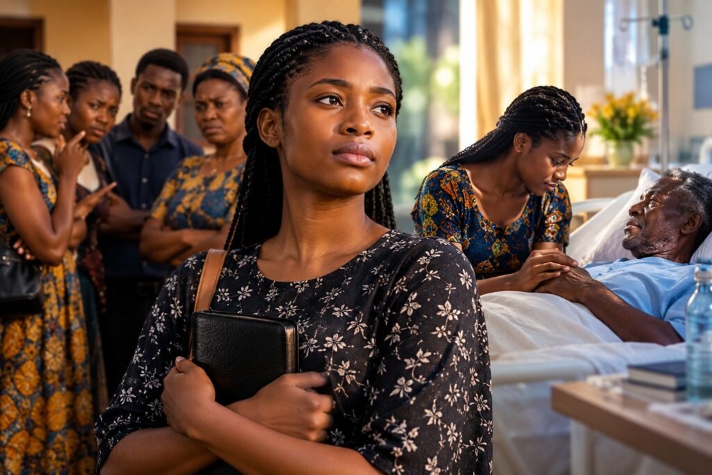 Young woman standing apart from her family as she remains strong and compassionate