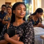 Young woman standing apart from her family as she remains strong and compassionate