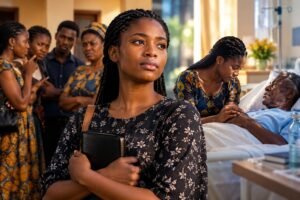 Young woman standing apart from her family as she remains strong and compassionate